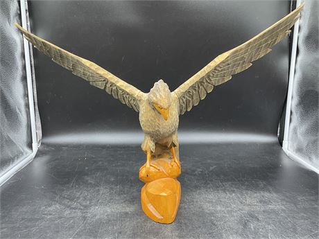 HAND CARVED WOODEN EAGLE (BASE TO TIP OF WINGS 15” TALL)