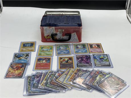 TIN OF POKÉMON CARDS - NEW TO OLD INCLUDING SOME FIRST EDITIONS
