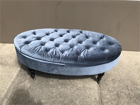 REPOP BLUE BUTTON TUFFED VELVET COUCH W/ STORAGE AND ROLLER WHEELS 48” X 18”