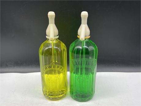 2 VINTAGE SELTZER BOTTLES W/ ORIGINAL GLASS TUBES - 12” TALL