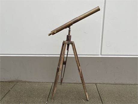 ANTIQUE BRASS TELESCOPE ON STAND (6ft tall)