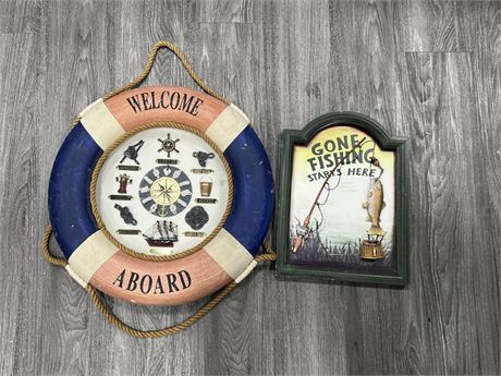 VINTAGE STYLE LIFE BUOY CLOCK 20” DIAM & GONE FISHING WALL PLAQUE -