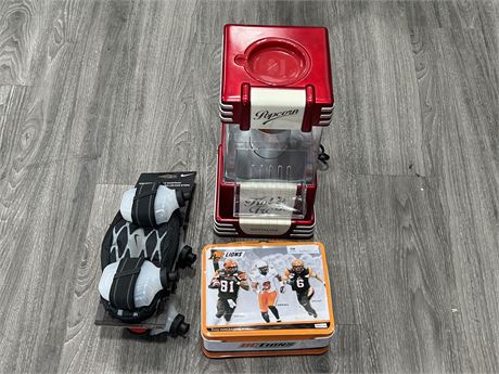MISC LOT - SMALL POP CORN MAKERS, NEW NIKE WATER BOTTLES & BC LIONS LUNCH KIT