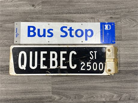 VINTAGE QUÉBEC STREET SIGN (25”X7”)  & BUS STOP SIGN (