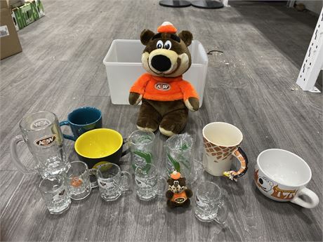 VINTAGE A&W LOT + OTHER COLLECTIBLES-MUGS, GLASSES ETC.