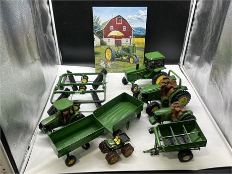 COLLECTION OF JOHN DEERE TRACTORS, TRAILERS & TIN POSTER