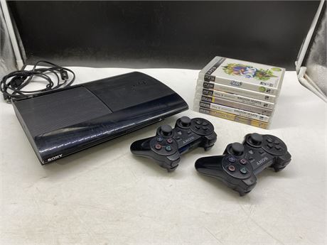 PS3 W/ 2 CONTROLLERS & 6 GAMES