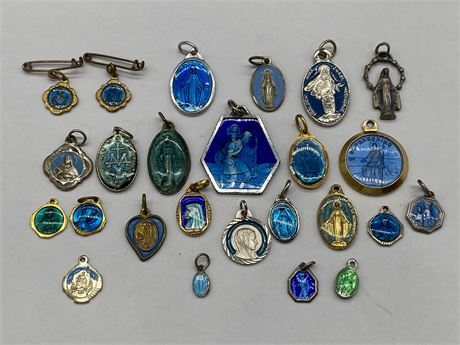 LOT OF BLUE ENAMEL RELIGIOUS MEDALS