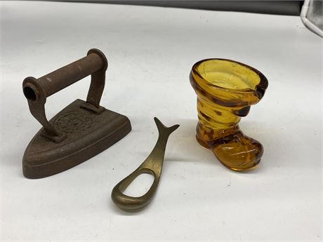 VINTAGE ITEMS - BRASS WHALE PIPE HOLDER, IRON, AMBER GLASS BOOT ASHTRAY