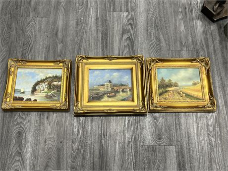 3 GOLD FRAMED ORIGINAL SIGNED PAINTINGS - LARGEST IS 15”x13”