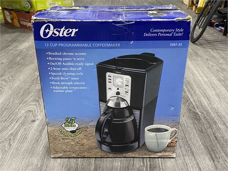 OSTER 12 CUP PROGRAMMABLE COFFEE MAKER - AS NEW CONDITION, TESTED GOOD