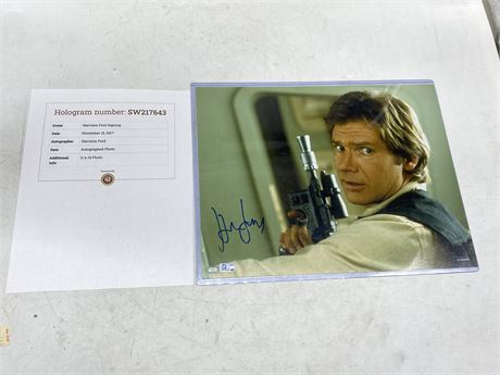 TOPPS STAR WARS AUTHENTIC HARRISON FORD SIGNED 11”z14” ROTJ PHOTO W/HOLO & COA