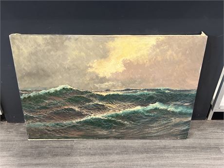 VINTAGE SIGNED OIL ON CANVAS OCEAN WAVES PAINTING - 3FTx2FT