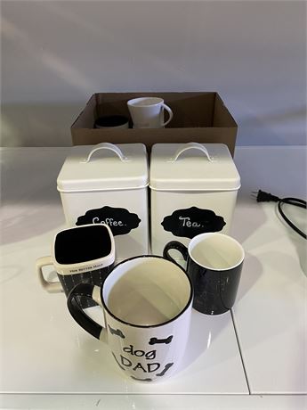 TIN COFFEE/TEA HOLDER & COFFEE MUGS