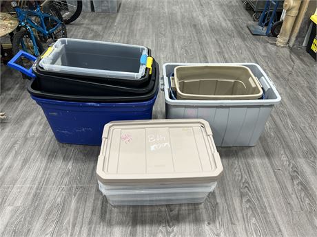 LARGE LOT OF MISC BINS / TOTES - ONLY 2 HAVE LIDS