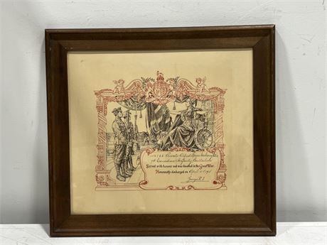 WW1 FRAMED DISCHARGE PAPERS (21.5”x20”)