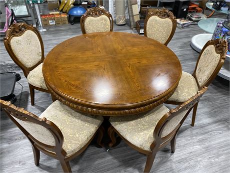 VINTAGE OAK DINING TABLE W/ 6 CHAIRS (Table is 59”T, 30”W / needs hardware)