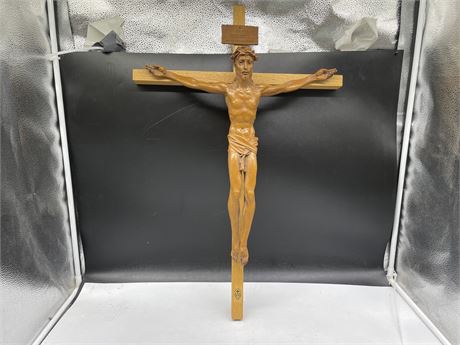 LARGE SIGNED SCULPTURE OF JESUS ON THE CROSS 28”