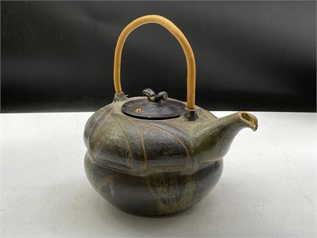 HANDMADE KETTLE POTTERY SIGNED W/BAMBOO HANDLE (11” TALL)