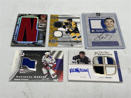 5 NHL JERSEY / AUTO CARDS - MOSTLY NUMBERED