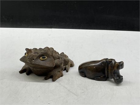 HAND CARVED AFRICAN SERPENTINE STONE HIPPOPOTAMUS & AMAZON CARVED WOOD FROG