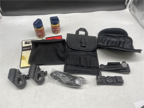 LOT OF AMMO POUCHES, SHELL CARRIERS & ELECTRIC SIGHTS