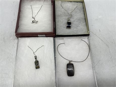 4 STERLING NECKLACES WITH PENDANTS - 1 HAS SHARK PENDANT