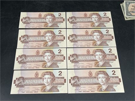 (1973) 8 x $2 CANADIAN BILLS IN SEQUENCE BUYP629140-47
