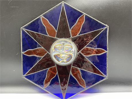 STAINED GLASS HANGING SUN WITH GLASS FACE 15”x17”