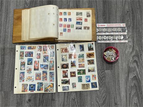 LOT OF STAMPS & MISC COINS