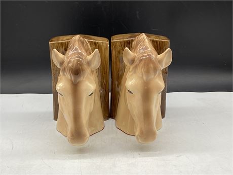 VINTAGE SPANISH CERAMIC HORSE HEAD BOOK ENDS (8” TALL)