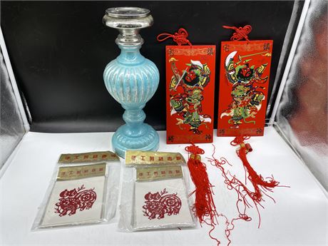 LOT OF CHINESE DECORATIONS INCLUDING CANDLE HOLDER, WOODEN CHINESE PICTURES, ETC