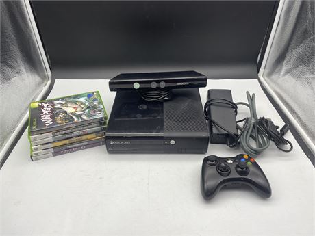 XBOX360 SYSTEM W/ CORDS KINECT CONTROLLER & 6 GAMES