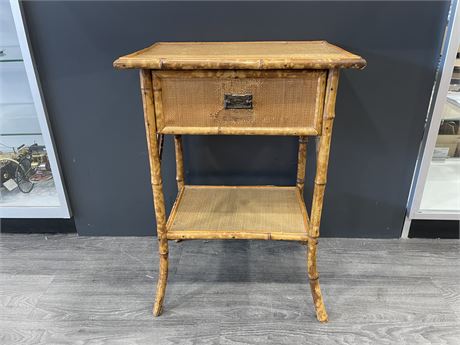 EASY 1900’S BAMBOO & WICKER TABLE W/ TIN LINED DRAWER 20”x14”x28”