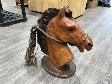 LEATHER COVERED WOOD HORSE HEAD SCULPTURE 17”