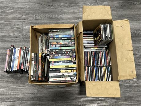 2 BOXES OF DVDS & SOME CDS