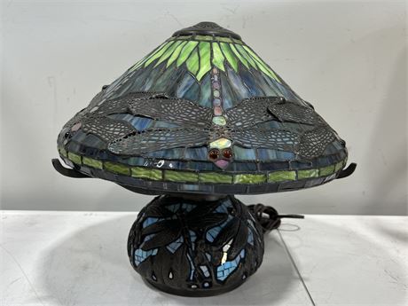 STAINED GLASS DRAGON FLY LAMP (16” tall)