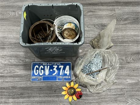TOTE OF NUTS, BOLTS, LICENSE PLATE, ETC