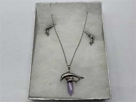 SIGNED STERLING DOLPHIN NECKLACE W/CRYSTAL & EARRINGS