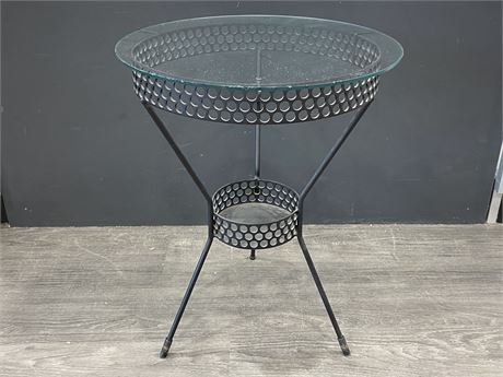 1970’S GLASS & METAL SIDE TABLE OR PATIO (22” TALL, 17.5” DIAM.)