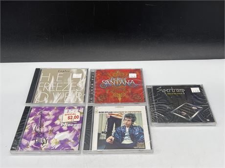 5 SEALED OLD STOCK CDS - PRINCE, BOB DYLAN, SANTANA, EAGLES & ECT