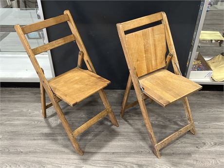 2 VINTAGE FOLDING WOOD CHAIRS - ONE MARKED YMCA