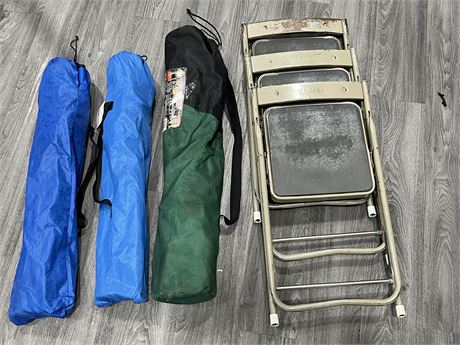 3 VINTAGE METAL FOLDING YAMAHA CHAIRS AND 3 CAMPING CHAIRS