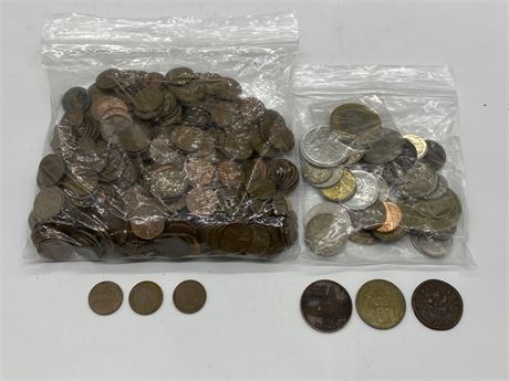 BAG OF UNSEARCHED WHEAT PENNIE & WORLD COINS / OTHERS