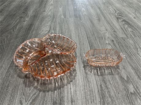 2 PCS PINK GLASS SERVING DISHES - 10” DIAMETER ON LARGEST