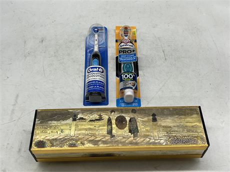 2 NEW BATTERY POWERED TOOTHBRUSHES & JAPANESE MUSICAL JEWELRY BOX