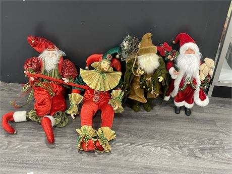 LOT OF 4 CHRISTMAS DECORATIONS INCL: SANTA MUSIC BOX, JESTER & 2 16” SANTAS
