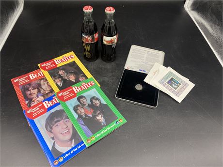LOT OF COLLECTABLES (Xmas cola bottles, Beatles books, & Canada post collectable