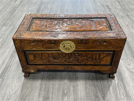 DECORATIVE CARVED CHEST (26” wide, 14” tall)