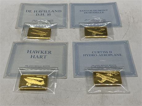 4 GOLD PLATED AIRPLANE MEDALLIC PIECES